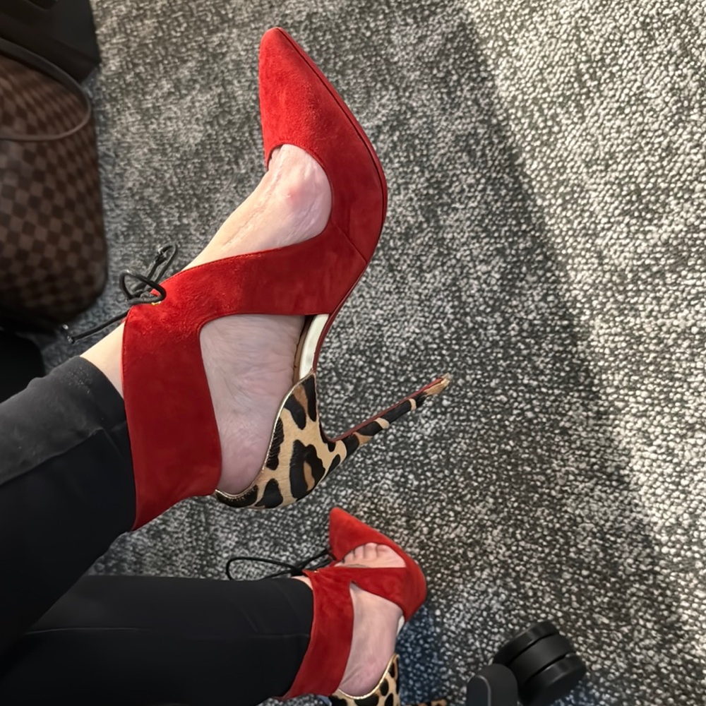 Christian Louboutin Red & leopard pony hair heels